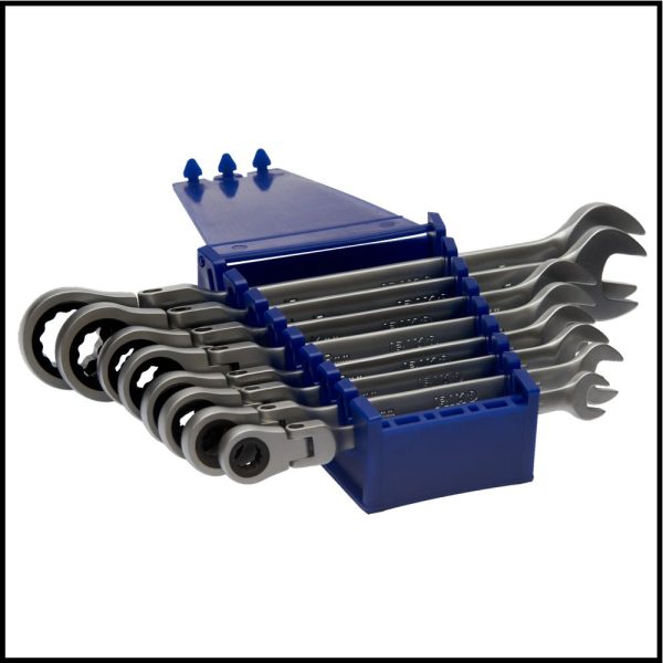 Juego de Llaves Combinadas de Cabeza Flexible con Crique con Soporte - 8 Piezas - Irimo