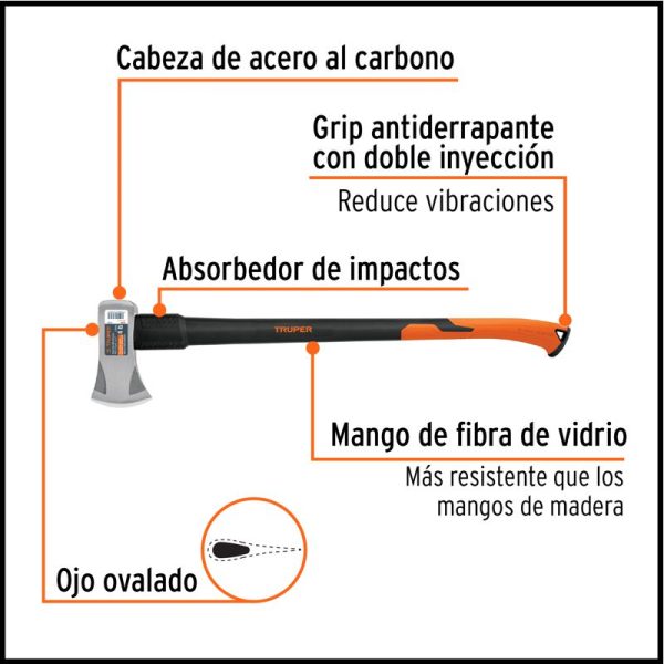 Hacha Michigan - Cabeza de 1,8 kg - Mango de Fibra - 85 cm Largo - Truper