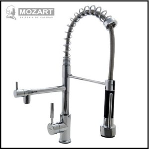 Monocomando para Cocina Mesada Gourmet - Doble Pico con Puente y Rociador - Línea Berlín - Mozart