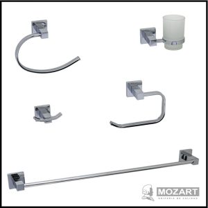 Set de Baño 5 Piezas - Toallero Barral y Aro, Percha, Portavaso y Portarrollo - Línea Panamá - Mozart