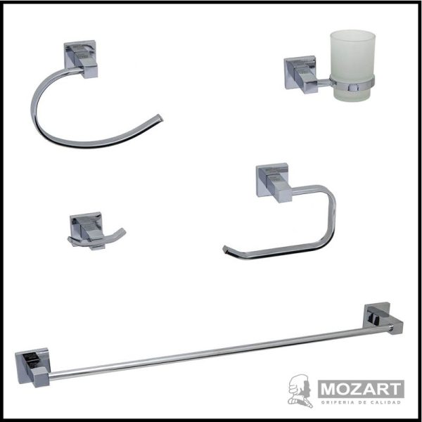 Set de Baño 5 Piezas - Toallero Barral y Aro, Percha, Portavaso y Portarrollo - Línea Panamá - Mozart