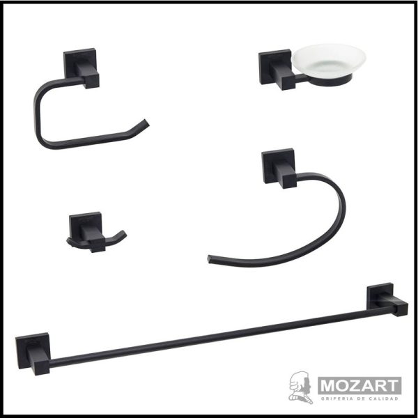 Set de Baño 5 Piezas - Toallero Barral y Aro, Percha, Portavaso y Portarrollo - Línea Panamá - Mozart