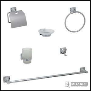 Set de Baño 6 Piezas - Toallero Barral y Aro, Percha, Portarrollo, Portavaso y Jabonera - Zincado/Acero Inoxidable - Línea Niza - Mozart