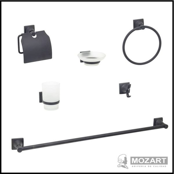 Set de Baño 6 Piezas - Toallero Barral y Aro, Percha, Portarrollo, Portavaso y Jabonera - Zincado/Acero Inoxidable - Línea Niza - Mozart