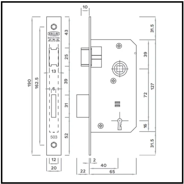 Cerradura Liviana Angosta - Pasador Rectangular - Llave 1 Paleta Sin Combinación - Kallay 503
